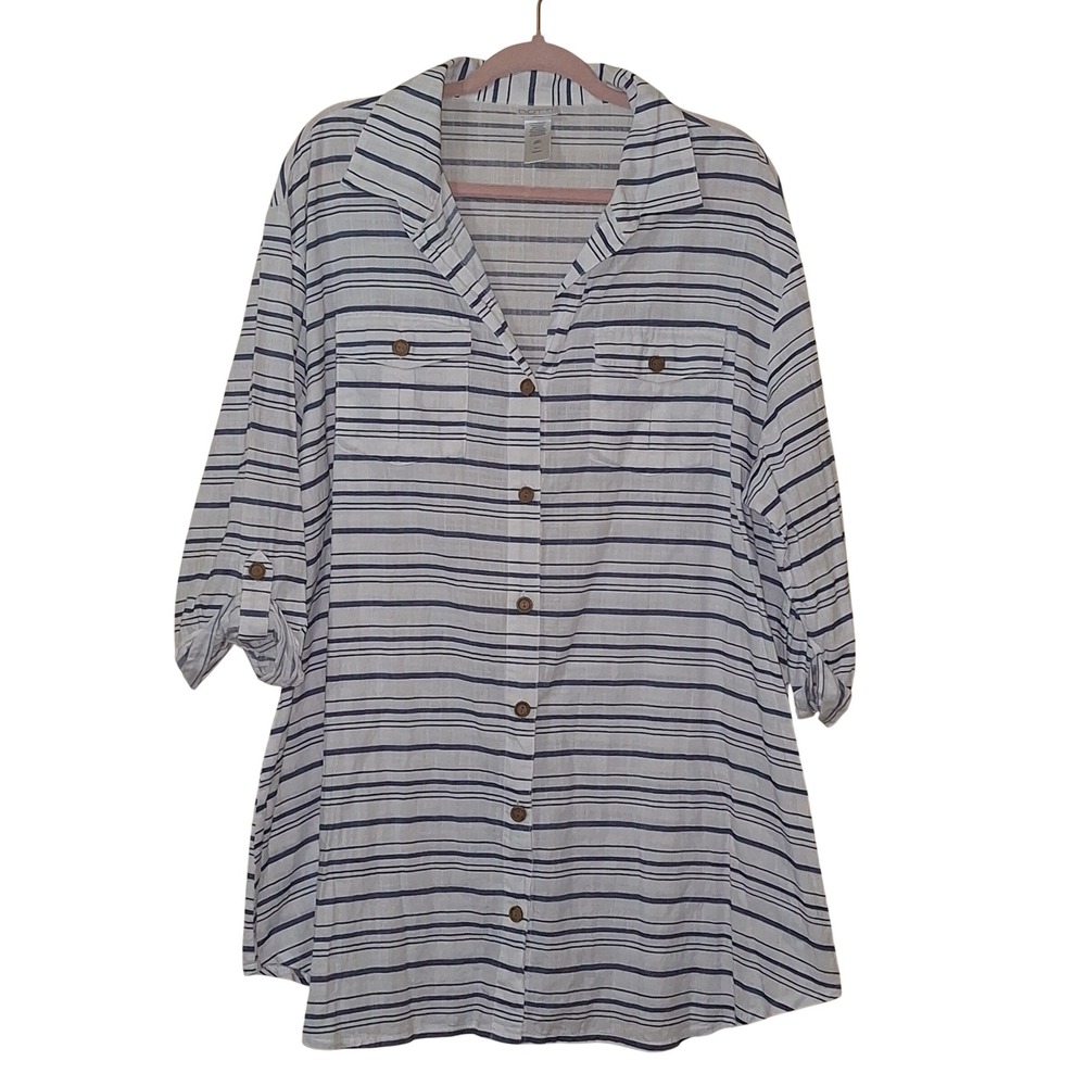 Dotti Women 2X Blue White Striped Cotton Coastal Button Down Beach Cover Shirt